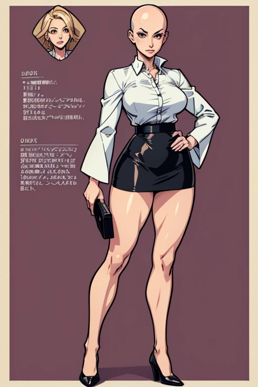 digital anime art, highly detailed, reference sheet, fighting pose, hand on hip, feminine features, mature woman, adult female, tall figure, whole body, bald, form-fitting, office shirt, cropped sleeves, long pencil skirt, shoes, 1woman, solo, upper body, lower body, ((Extremely Detailed)), ((Best Quality)), ((Masterpiece)), ((4k)).