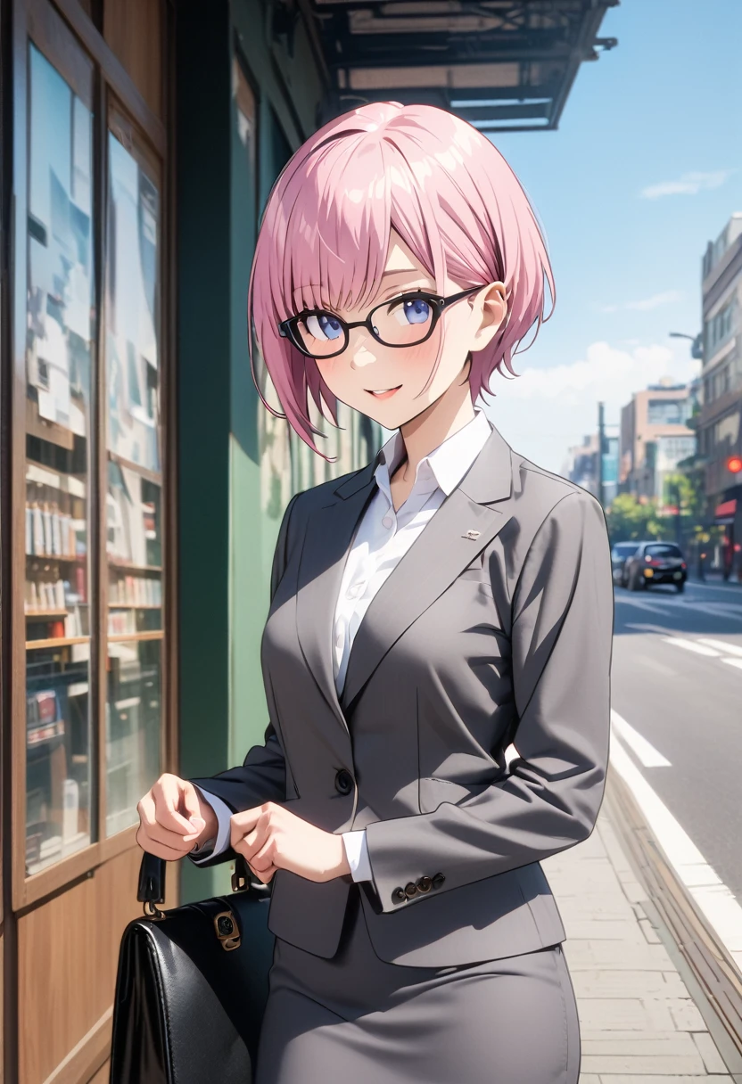 (Highest quality, 4K, 8k, High resolution, masterpiece:1.2), Very detailed, Picturesque, Anime style photo, Photo Anime:1.37)、Japanese、(Pink hair)、(pixie cut)、smile、Black choker、bespectacled、square glasses、Business Bag、black high heels、white collared shirt、gray jacket、gray pencil skirt、whole body、Nakano Ichika