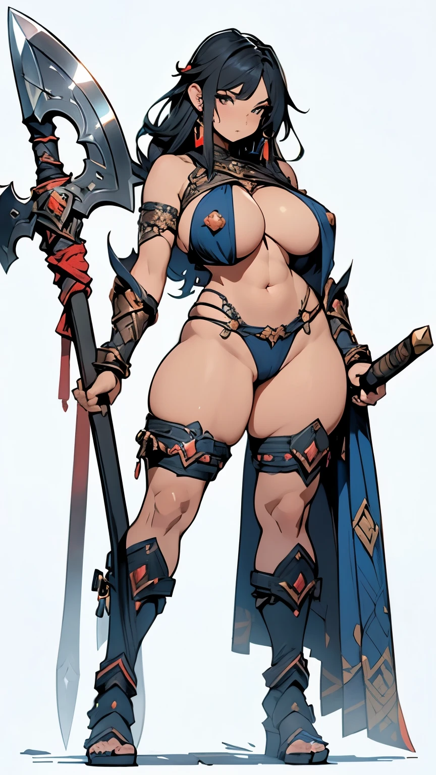 Black Hair、(Dwarven girl warrior stands with a big axe)、(Huge breasts)、(Underboob、Sideboob)、Blue metallic bikini、Camel toe、((Chibi、he is short)、glamorous、curve、Wide Hips、Thick thighs)、(NSFW)、(Many colorful jewels)、(Inside the cave)、(Giant Axe)