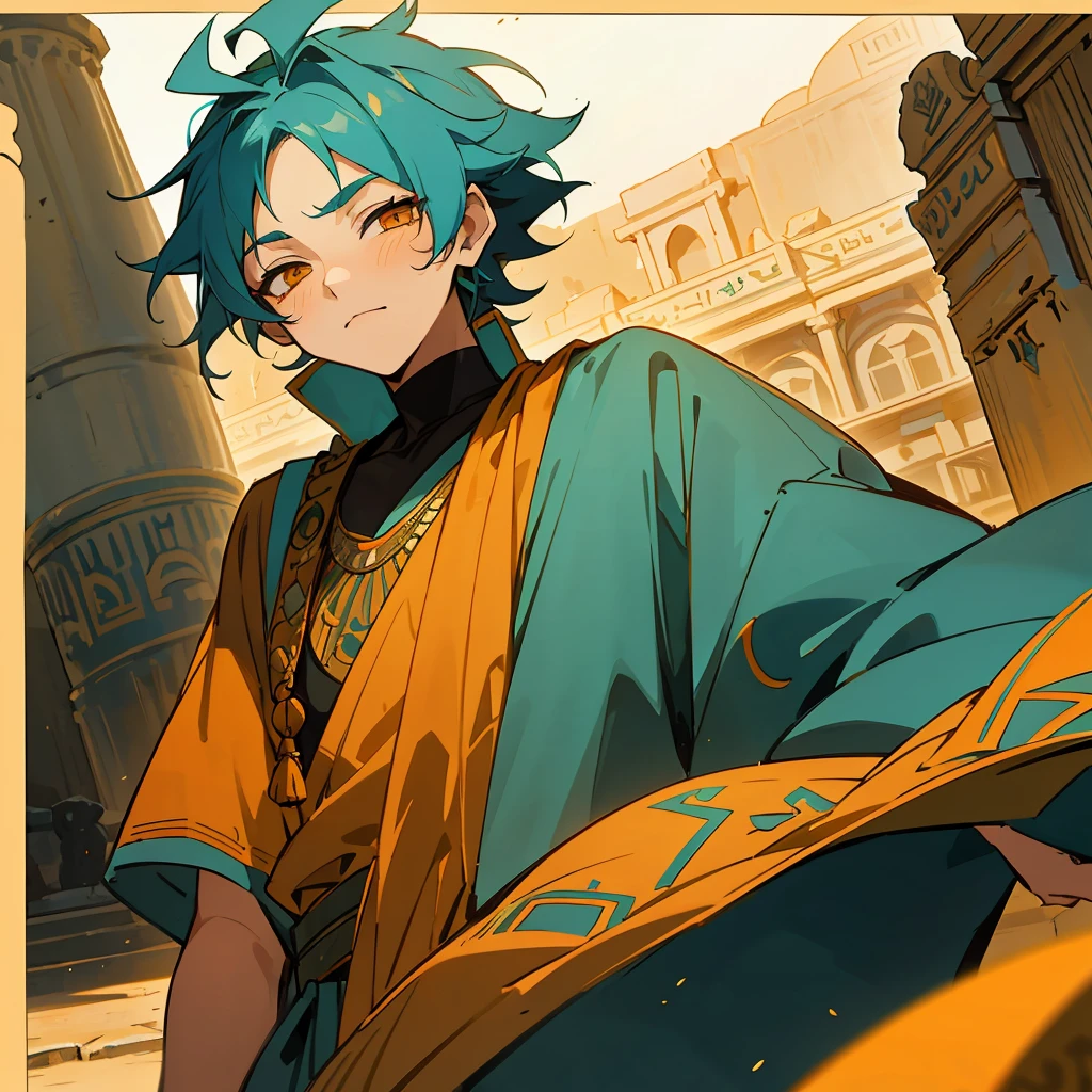 1 boy, Turquoise hair, orange eyes, Arabian style, handsome,  kid, orange eye liner, soft smile closing eyes, (((ancient Arabic clothes))), Arabian nights, Egyptian style, solo