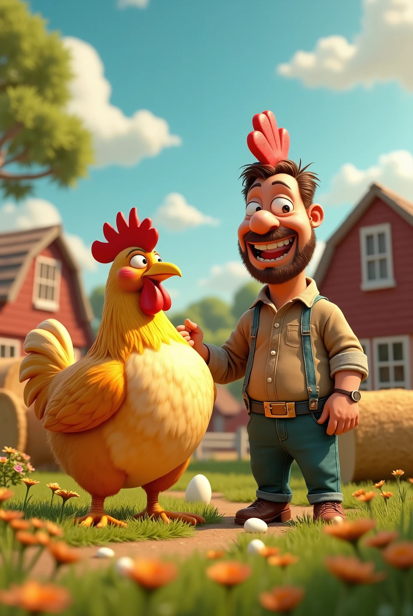 Greedy man with a hen that laid golden eggs 3d animation picture