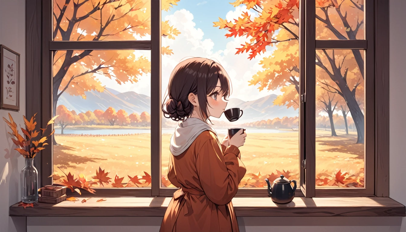 A young girl drinking tea standing behind her window, it is autumn, there is a beautiful natural environment outside