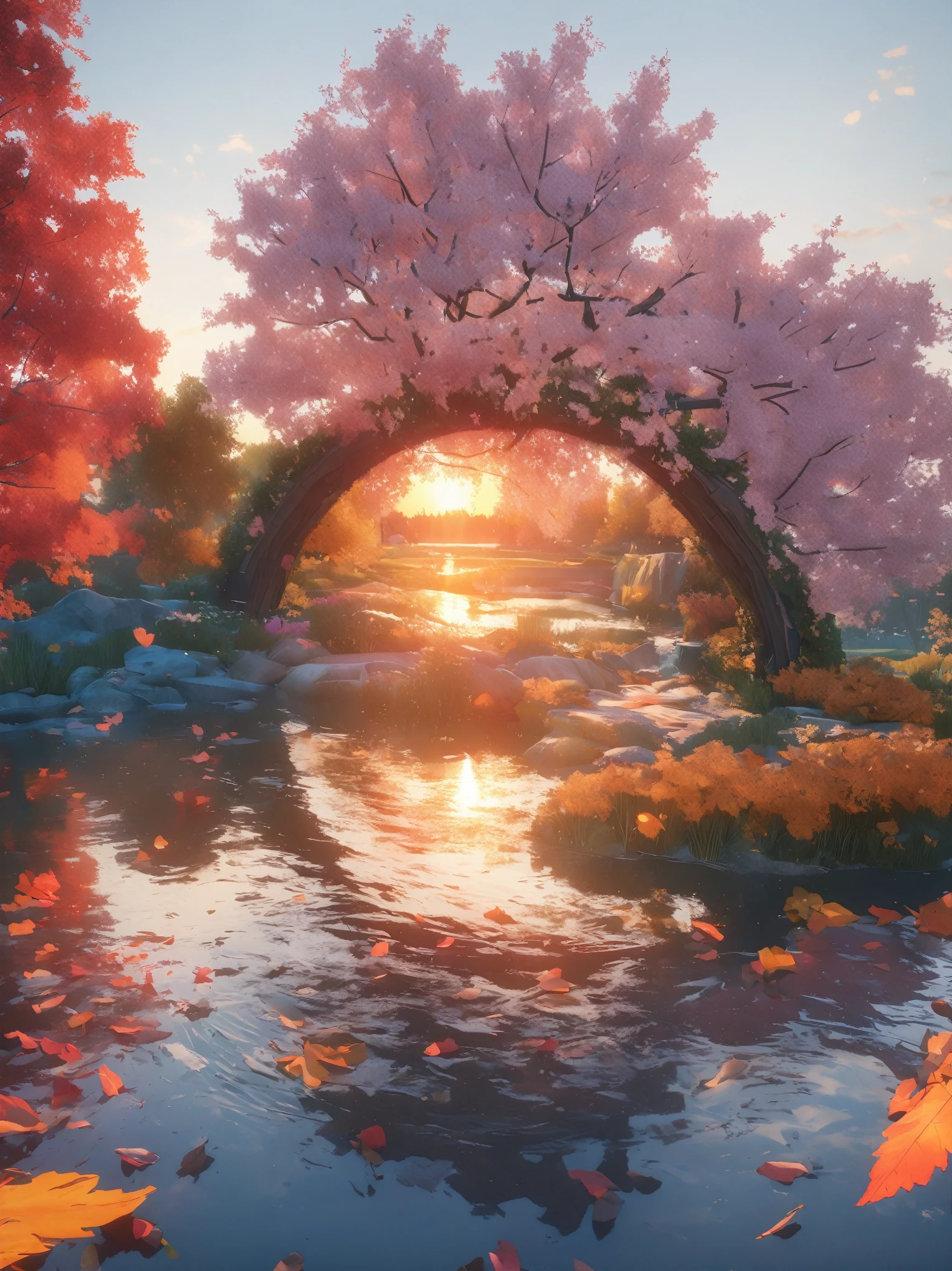 DIY16,best quality, Ultra HD, masterpieces, 8K, Practical, Anime style, 3D Rendering,(Pond in the evening:1.2), (8K, best quality, masterpiece:1.2), (Ultra-high resolution:1.0), Extremely bright design, Soft colors, (ink:1.3), Autumn Lights, High Detail, dramatic, photoPractical painting art