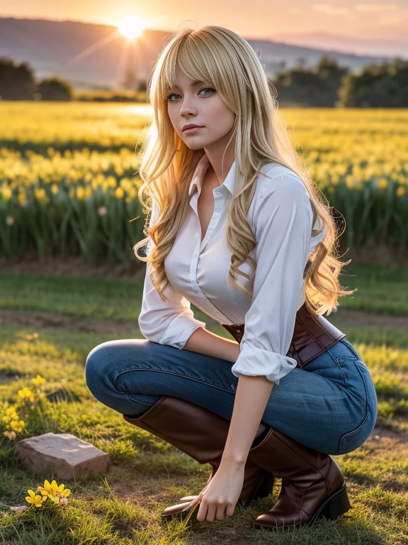 Anime style 21-year-old female character with blond, waist-length, wavy hair, V bangs, and blue eyes, squatting in a spring field at sunset, viewed frontally. She appears tired and is panting, with sweat on her forehead, dressed in a white blouse with a chocolate-colored corset over it, skinny tight blue jeans, and high boots. The background is a vibrant spring landscape with blooming flowers, green grass, and a warm sunset glow, creating a peaceful yet dynamic setting.