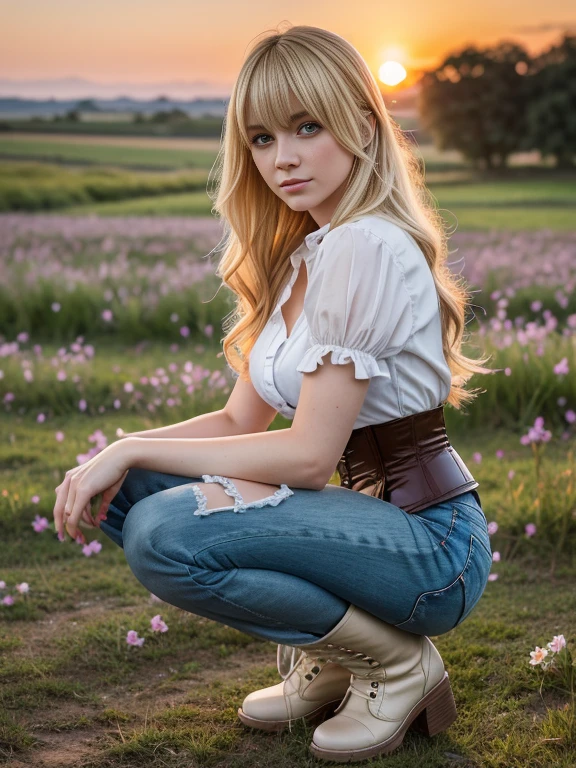 Anime style 2 female character with blond, waist-length, wavy hair, V bangs, and blue eyes, squatting in a spring field at sunset, viewed frontally. She appears tired and is panting, with sweat on her forehead, dressed in a white blouse with a chocolate-colored corset over it, skinny tight blue jeans, and high boots. The background is a vibrant spring landscape with blooming flowers, green grass, and a warm sunset glow, creating a peaceful yet dynamic setting.