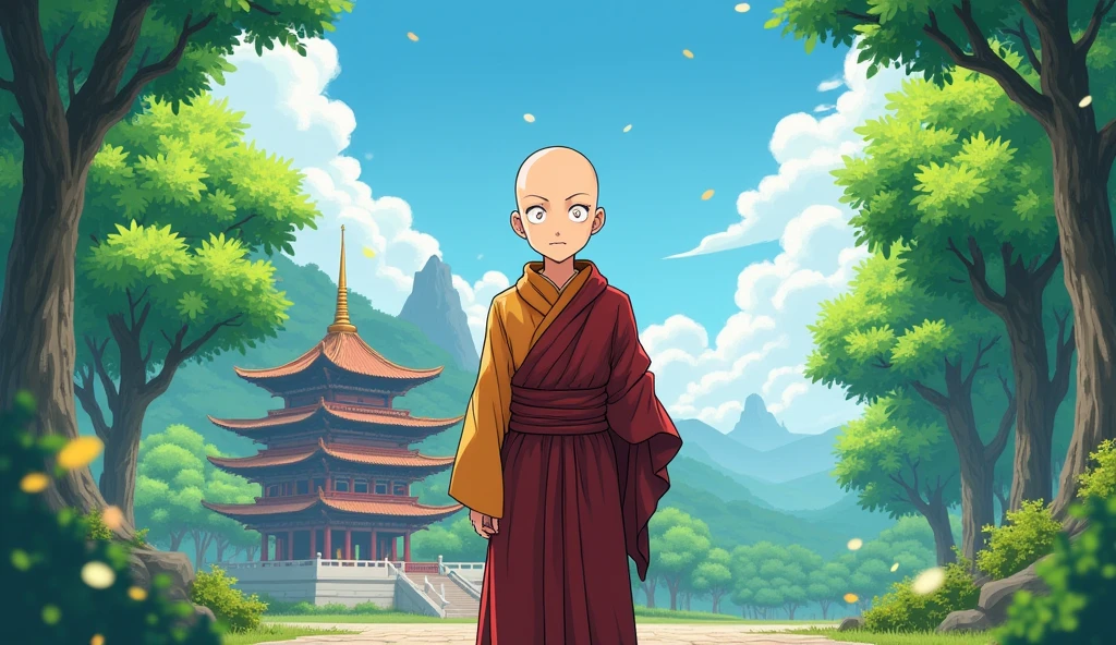 Young bald monk student looking front, standing, beautiful trees, full body, Saitama face, surrounded by temples, confused, in anime style,