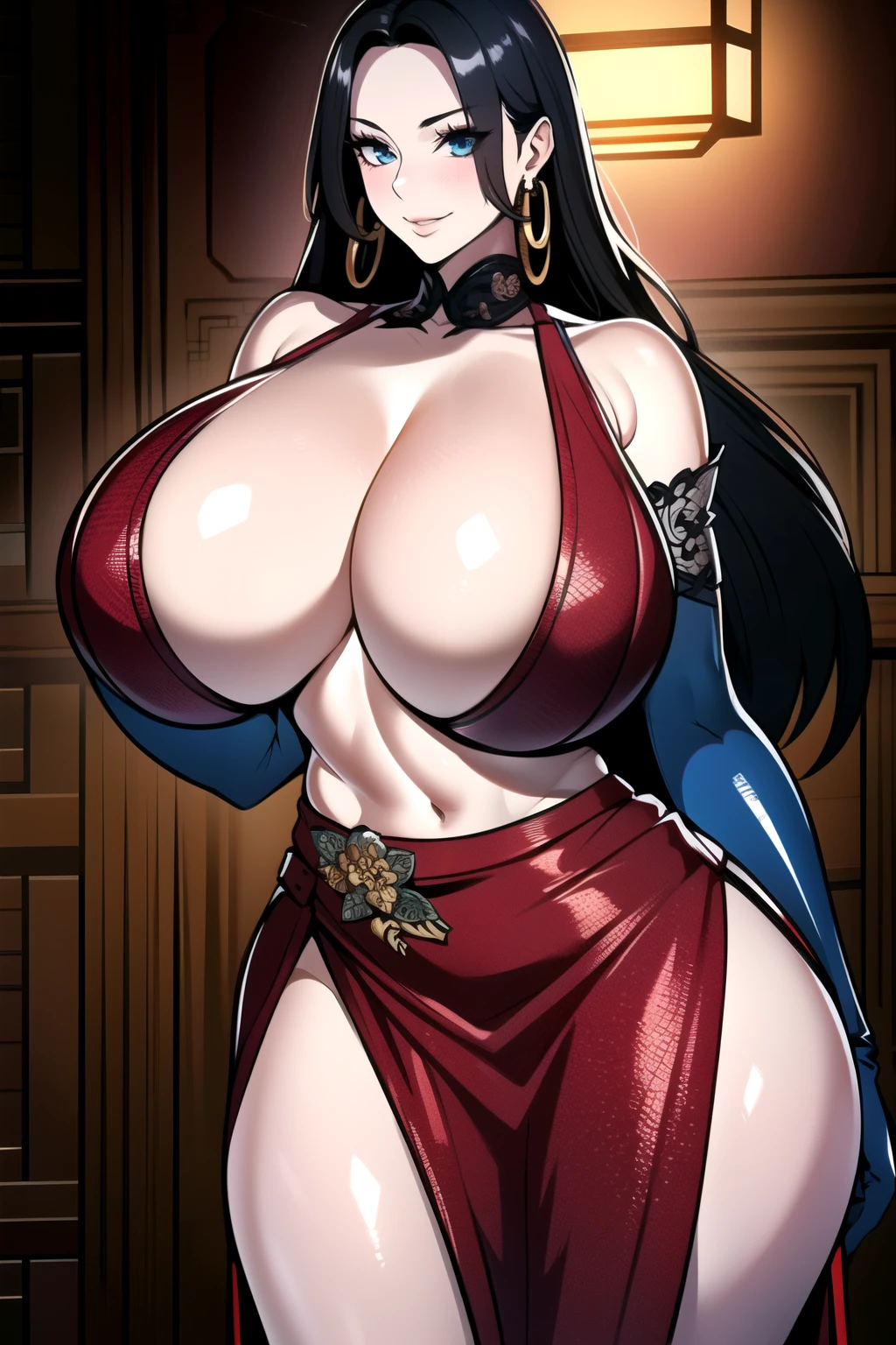 ultra realistic 8k cg, masterpiece, ((ultra detailed background, intricate detail, highly detailed, fine details best quality, hyperdetailed face)), gigantic breasts ,beautiful lighting, absurdres, BoaHancockV2, 1girl, solo, black hair, long hair, jewelry, closed mouth, ), cleavage, (chinese dress : 1.1), (underboob : 1.4), elbow gloves, thigh boots, miniskirt, bare shoulders,, bare shoulders, curvy, midriff, curvy, thighs, shiny clothes), blue eyes, complex detailed background, indoor, palace), ((cowboy shot)), curvy, (gigantic breasts: 1.4), seductive smile, cowboy shot, earrings, jewelry