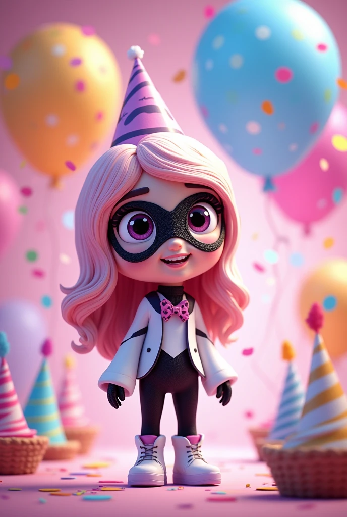 ---

**Image Generator**:

**Description**: Create a digital invitation card for a child's birthday. The card should have an elegant and animated design.

**Text**:
- On top, Must say: "Ozlem Janick".
- Below, should include: "You are invited to my birthday on: [time and date]".
- Also add: "Do not miss it!"

**him**: Spider woman

**Características de Spider woman**:
- Outfit with white colors, negro, pastel pink and lilac.
- La imagen de Spider woman debe ser amigable y adecuada para una celebración .

**Additional Elements**:
- Include birthday balloons in cheerful colors.
- Add party accessories like birthday hats, confetti and streamers.

**Additional Details**:
- The birthday girl is four years old, so the design should be playful and age-appropriate.
- The card should have an animated and nice style, attractive for children and their families.

---