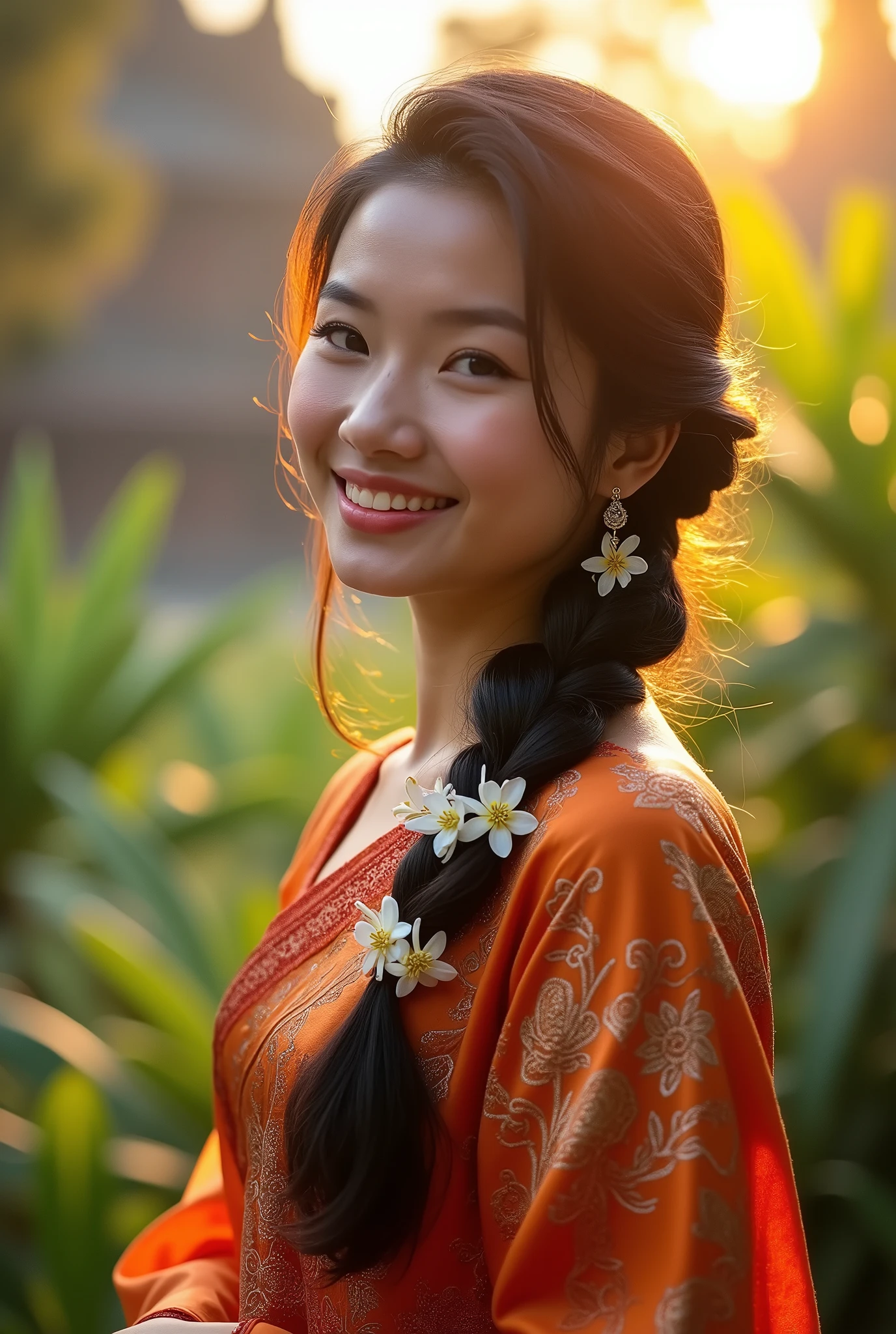 prompt: A vibrant portrait of a Thai woman in her mid-20s, wearing a traditional Thai silk dress in rich, warm colours with intricate patterns. She has long, glossy black hair styled in a loose braid adorned with delicate jasmine flowers. Her skin has a warm, sun-kissed tone, and her face radiates happiness with a genuine, bright smile. The background features a softly blurred image of a Thai temple or a lush, tropical garden, with golden sunlight filtering through the leaves, enhancing the joyful mood of the scene. The overall atmosphere is serene and filled with positive energy, capturing the essence of Thai culture and the woman's radiant happiness.
#flux1dev
#drawthings
#macos
#topazgigapixel
