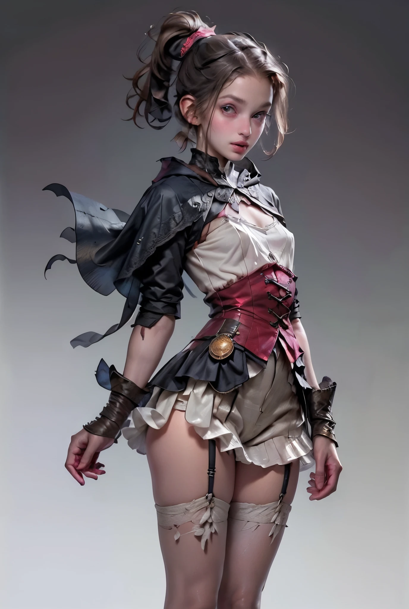 (((masterpiece, of the highest quality, super detailed))), hand drawn style, hand painted style, watercolour, sketch, a knight, white background, plain background, Bloodborne inspired, tatty Bloodborne attire, occult aesthetic, occult, tatty red and white clothing detailed and intricate steampunk and detailed gothic ta (with a hood), long coat, very thin long legs, Complex laced boots, Fluttering lace flared long knee length dress with frilly petticoats, long dress, knee length dress, petticoats gothic loliesthetic, beautiful small breasts, (((( Highly detailed face))), small thin nose, Small thin lips mouth, (((Very sharp focused eyes))), Very large slit precision pale grey eyes that shine like jewels. ((dark hair)), ((long ponytail, thick ponytail, heavy ponytail)), very long eyelashes, white background, Very dramatic and cinematic lighting, tatty damaged old red and white clothing, full body, whole body, body, cosmic horror, grim dark