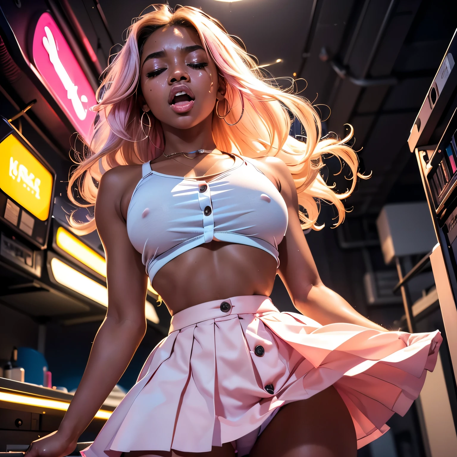 1girl, in laboratory, (18 years old), (Latina), dark skin, wide shot, blond hair, orgasm, (white button down top, pink pleaded skirt), (Masterpiece, Professional lighting, 16k, 8k wallpaper, raw photo, photorealistic:1.8, ultra detailed, natural lighting, detailed skin sexy pose, open mouth, big lips, night time, eyes closed, magic energy, neon light, orgasm, sweating, crying, screaming