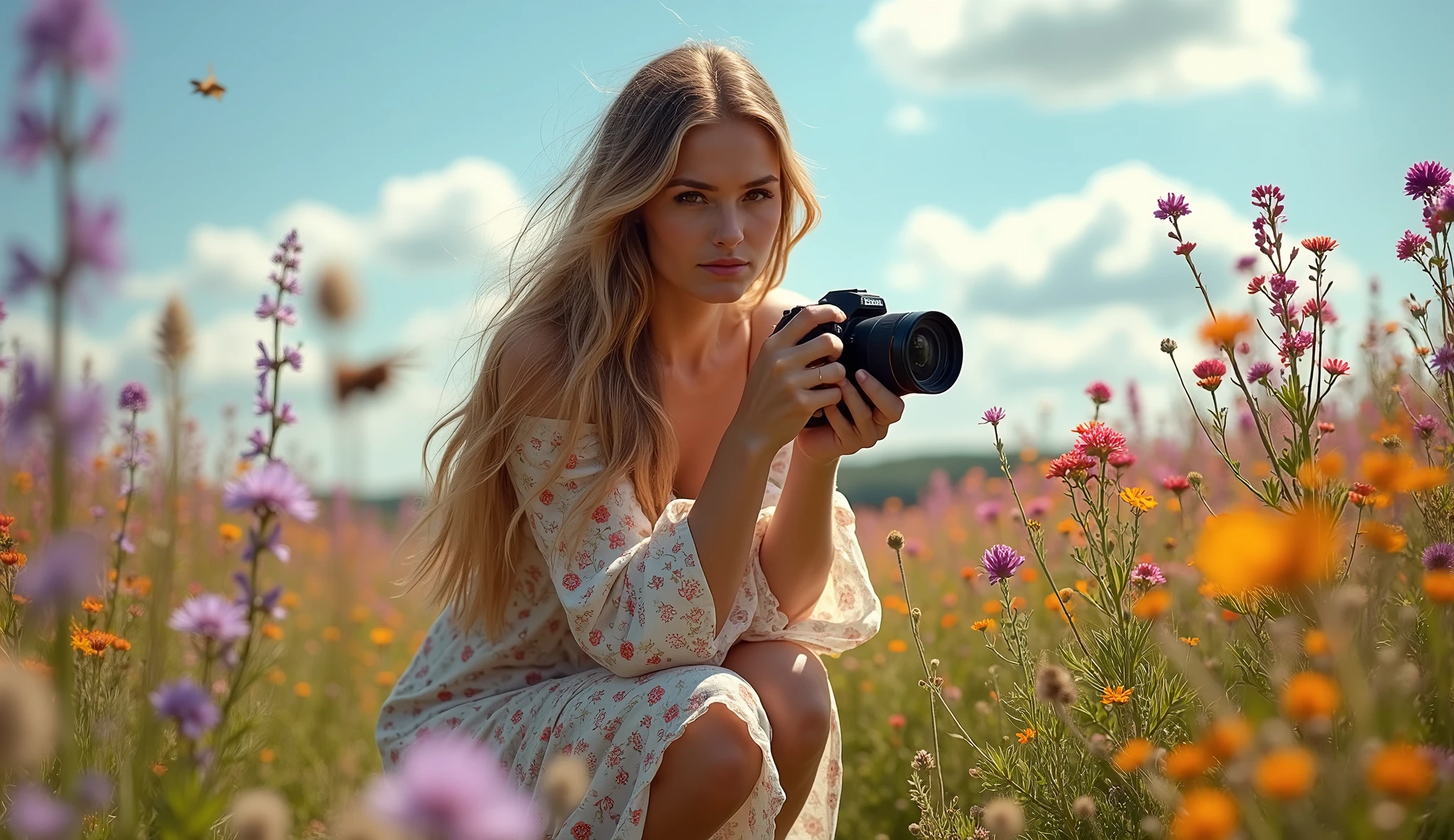 Amidst a sea of blooming flowers, a woman adjusts her camera settings to perfectly capture the essence of the wilderness.
