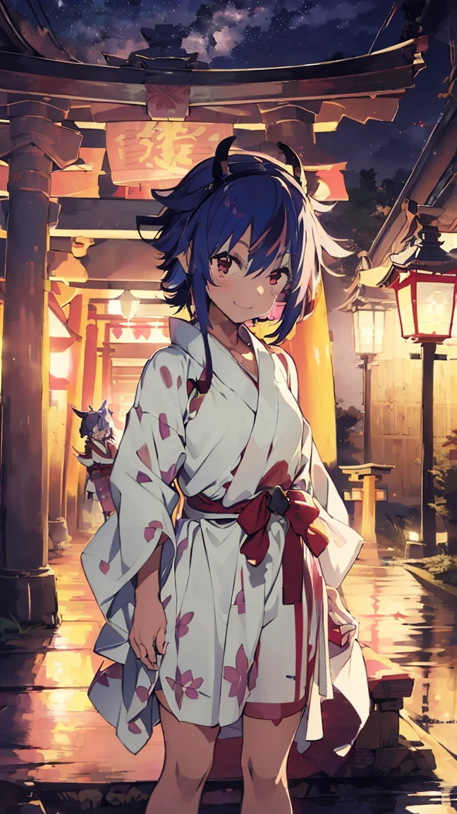 masterpiece, Highest quality, High resolution, Very detailed,(((Mikoto Naruka))), (((smile)))、(((Standing in the distance))), (((yukata))), (((On Bridge))), (((Red railing))), (((Lantern))), (((torii))), (((night))), (((Multicolored Hair))), (((horn))), (((Pink Eyes)))