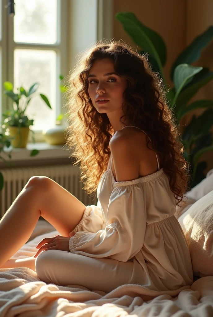(photorealism:1.2), beautiful woman, sitting on bed, wearing loose off-shoulder top, pajama pants, long curly hair, indoors, soft lighting, plants in background, window with sunlight, cozy room, relaxed pose, realistic, intricate details, warm colors, by Greg Rutkowski, by Alphonse Mucha