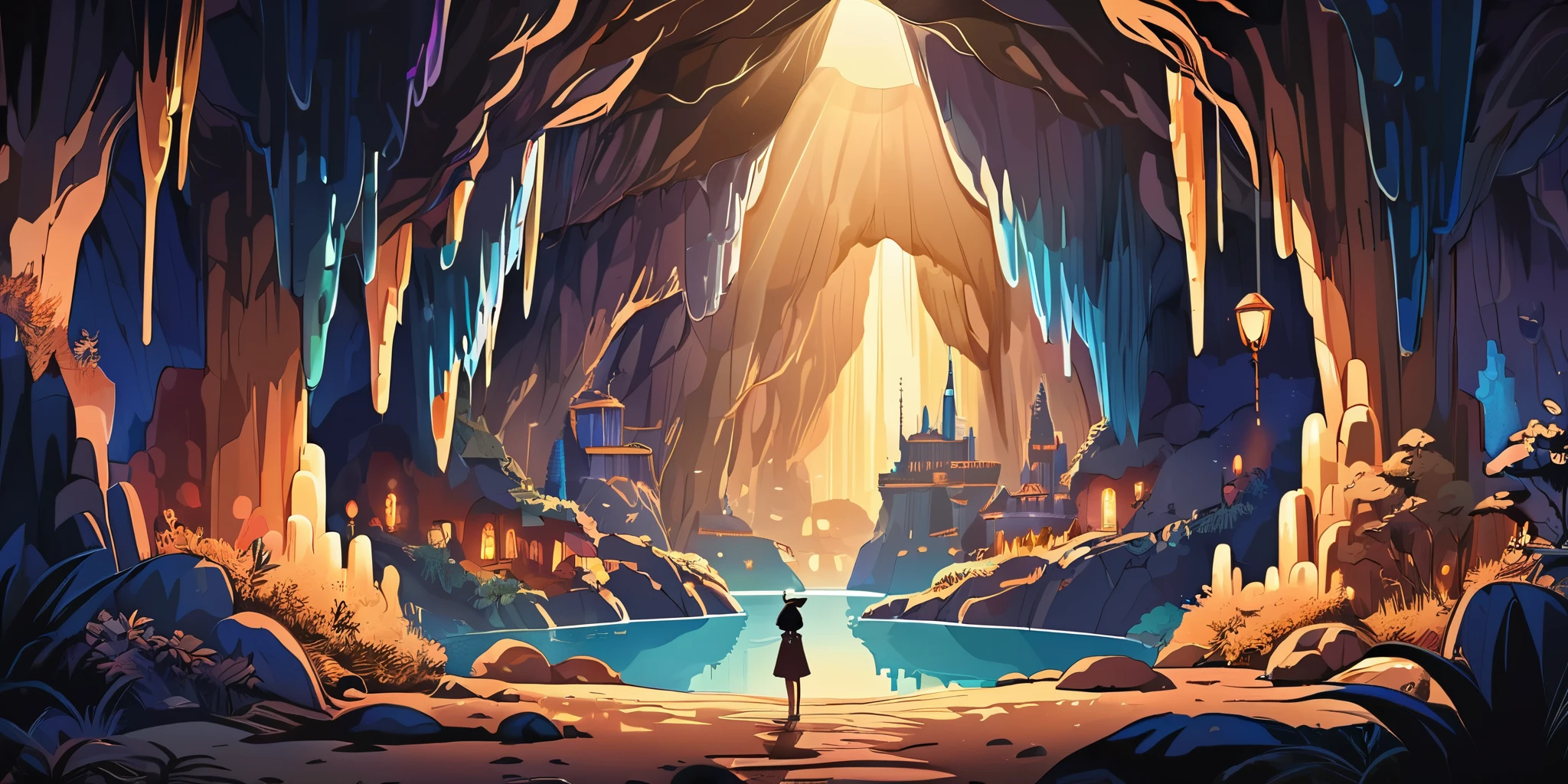 Dessinez un poster d'un village dans le style anime lofi, magical decoration, cascade of light, cave, stalagmites, Stalactites, la nuit, beautiful taupe color palette, couleurs saturées vibrantes, Artwork, aucun humain, dark brown theme