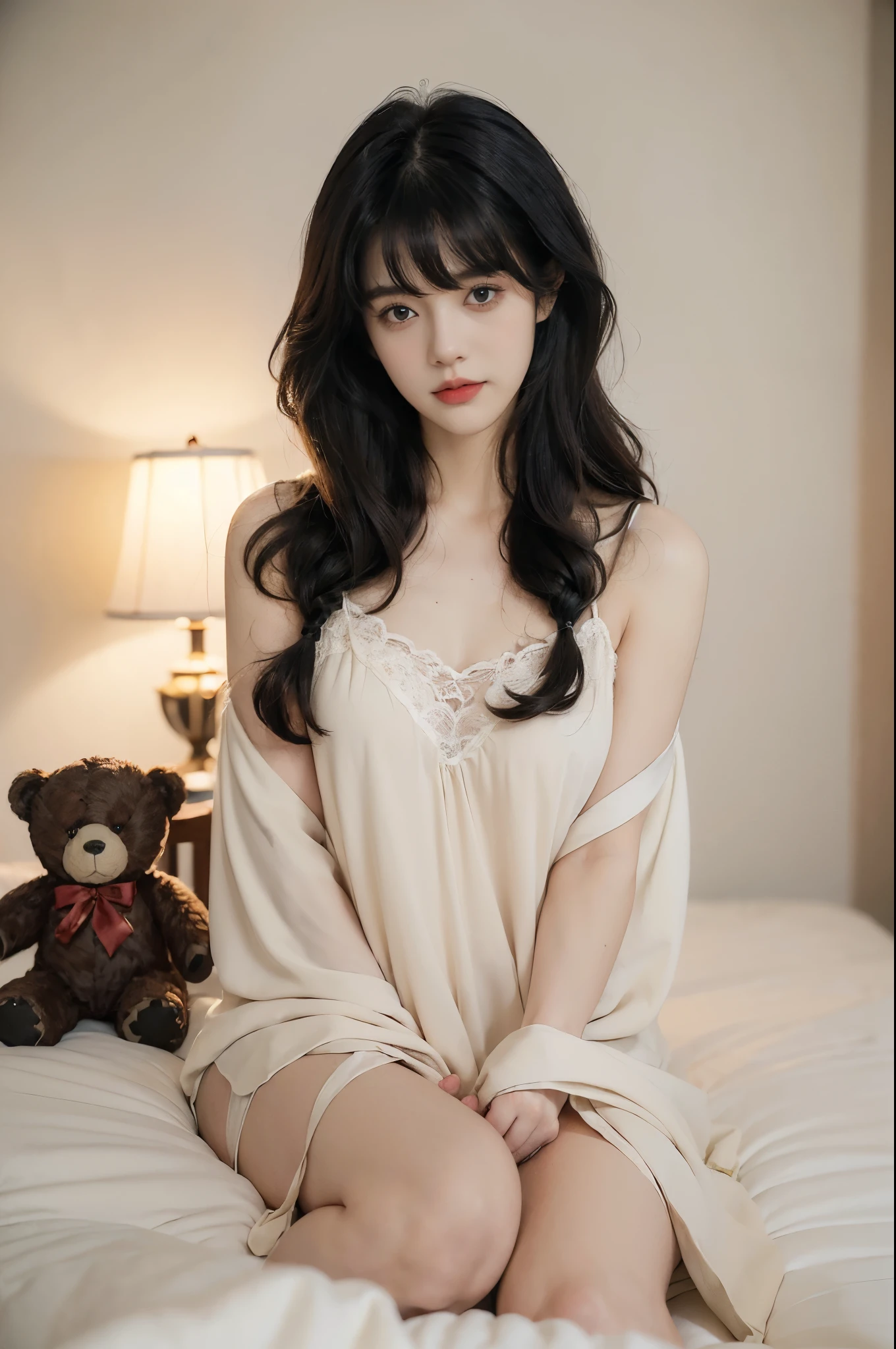 raw photo, 8k, (top-quality), Realistic, (real picture, Intricate details), (natural skin texture, detailed skin, hyper realism, sharpness), (Japanese teenage girl sitting on small bed in a hotel at night, hands between leg), ((white night dress, sleeveless, see-through)), (((flat chast:1.5))), (slender body, pale skin:1.2), ((straight hair, blunt bangs)), (baby face, provocative look, Parted lips:1.3, red thick lips, under eye circle), night time, red wallpaper, blue light, hard lighting:1.3