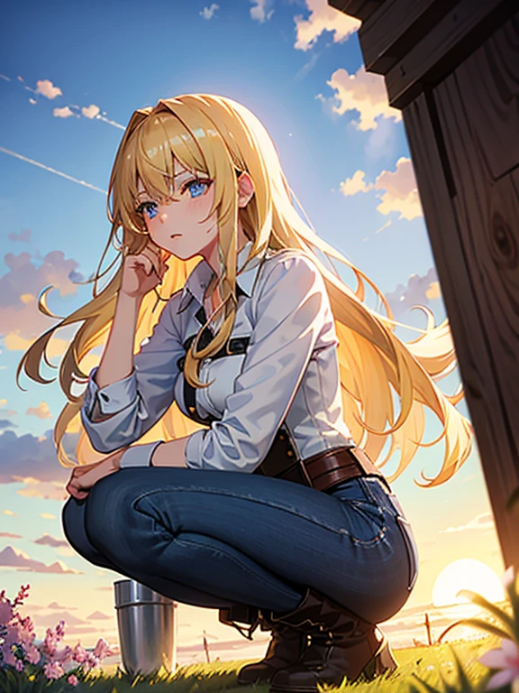 Anime style 21-year-old female character with blond, waist-length, wavy hair, V bangs, and blue eyes, squatting in a spring field at sunset, viewed frontally. She appears tired and is panting, with sweat on her forehead, dressed in a white blouse with a chocolate-colored corset over it, skinny tight blue jeans, and high boots. The background is a vibrant spring landscape with blooming flowers, green grass, and a warm sunset glow, creating a peaceful yet dynamic setting.