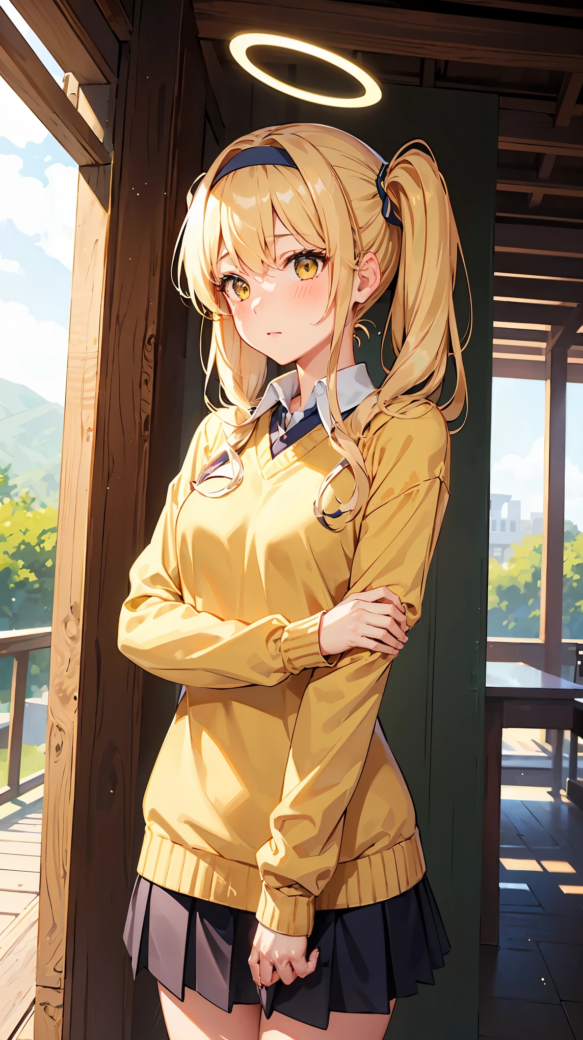 1girl, (shy:1.1, :3, blush:1.1, twintail hair, white headband:1.1), yellow hair, white eyes:1.4, angel halo, small breast, cute, wallpaper, landscape, depth of field, morning, school gate, light particles, light rays, sidelighting, japanese school, (japanese school shirt), japanese long school skirt, (yellow sweater, open sweater:1.3)