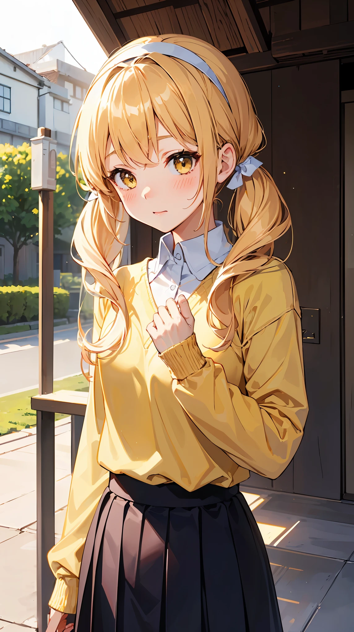 1girl, (shy:1.1, :3, blush:1.1, twintail hair, white headband:1.3), yellow hair, white eyes:1.4, angel halo, small breast, cute, wallpaper, landscape, depth of field, morning, school gate, light particles, light rays, sidelighting, japanese school, (japanese school shirt), japanese long school skirt, (yellow sweater, open sweater:1.3)