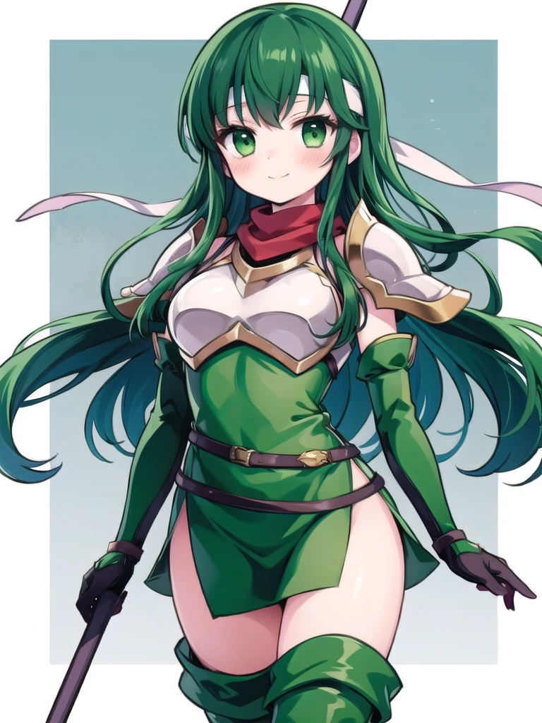 1girl, masterpiece, best quality, perfect hands, green hair, very long hair, palla_echoes, long hair, dress, green elbow gloves, belt, armor, green thigh boots, short dress, shoulder armor, side slit, breastplate, white headband, pegasus knight uniform \(fire emblem\), smile, spear, blush, pkuniform, green dress, thigh boots, sexy pose, crossed bangs, closed mouth