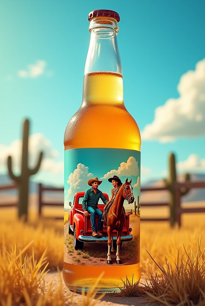A bottle of beverage with a label depicting a cowboy sitting in the back of a pickup truck kissing a cowgirl while she holds a horse by the reins in front of a farm gate.