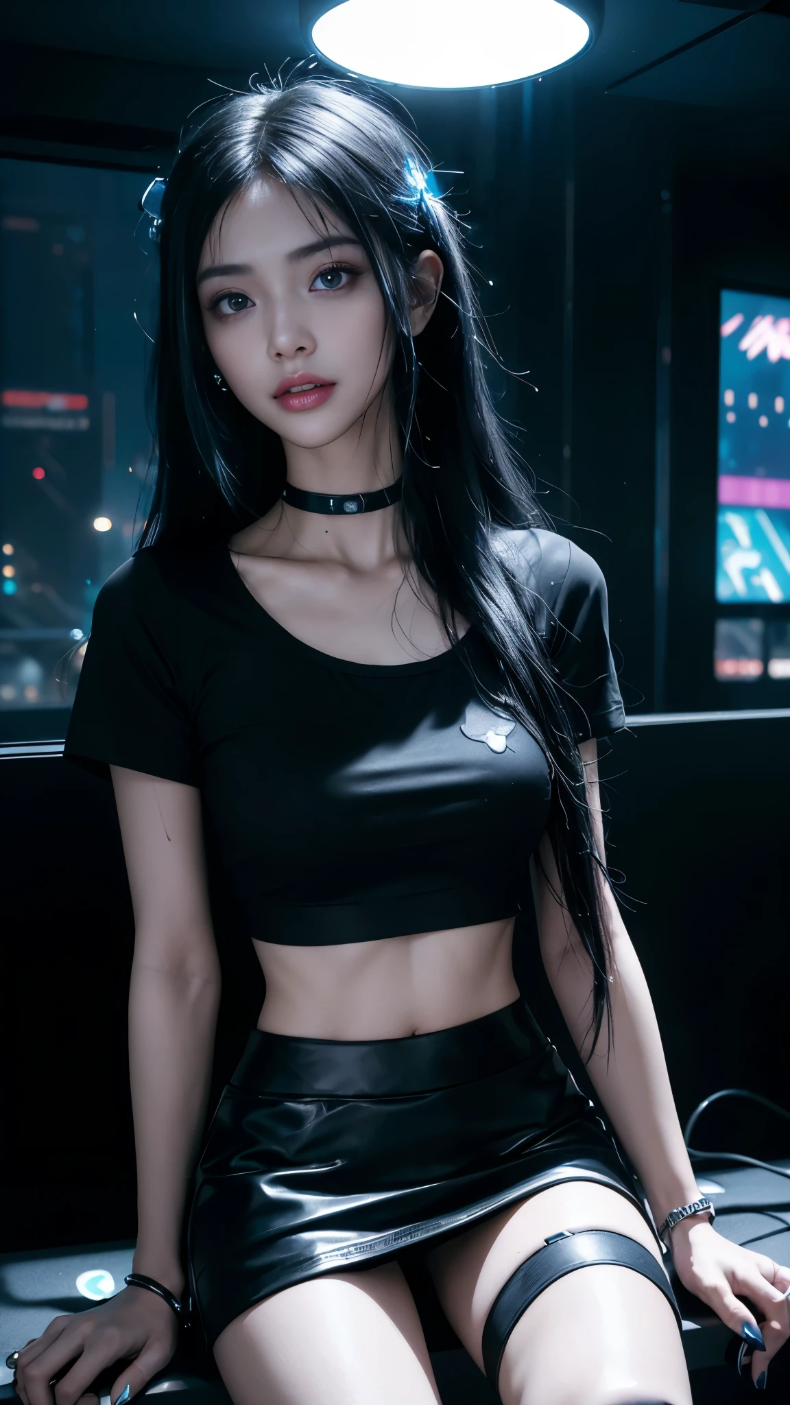 8k, UHD, masterpiece, 1 girl, ((good face)), very long hair, light makeup, (white skin:1.2), detailed eyes, small bust, simple cyberpunk clothing, ((black t-shirt)), ((neon mini skirt)), (cyberpunk lighting:1.4), ((building)), light effect, light reflection, cyberpunk, cybercity, futuristic, (night), ray tracing, bloom, perfect pose, sitting,