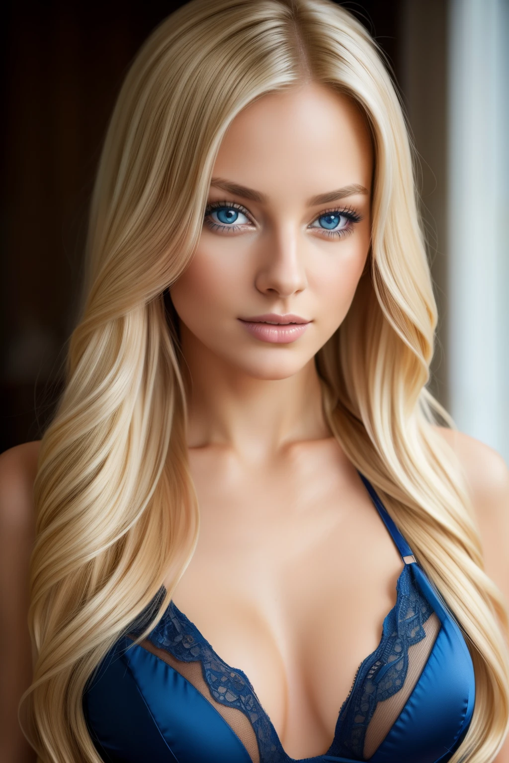 (young woman:1.3), solo, adult, blonde hair, blue eyes, black national dress, open neckline, (high quality), (best quality), (detailed), perfect lighting, detailed face, detailed body,