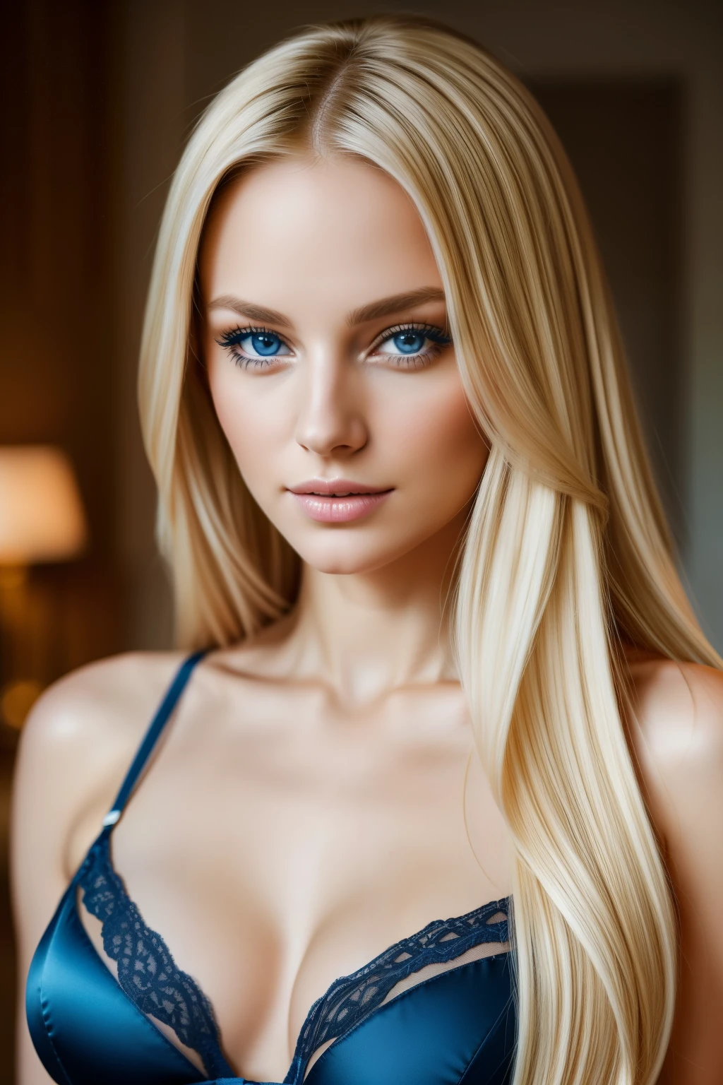 Real blonde with captivating blue eyes poses sensually in lingerie, showcasing her flawless figure in high- definition photography. This seductive image, taken with a Canon EOS 5D Mark IV, boasts a shallow depth of field, creating a stunning bokeh effect that highlights her delicate features. With a 50mm f/1.4 lens, every detail of her radiant skin is revealed, from the pores to the natural glow. Her long, silky blonde hair cascades down her shoulders, adding to her allure in this provocative and intimate portrait.