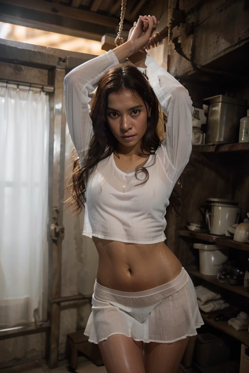 Young sweet beautiful Indonesian girl being kidnaped, 24 years old, slim body, bright beautiful eyes, georgeus face, pale skins, nate  wavy black  short hairs, wearing wet  long sleeve unbuttoned thin jacket, wearing wet white see through transparent tank top strict t-shirt, wearing wet white  very low waist   lace panty, wearing white thin  long skirt,  whte bra, realistic, very detail, no cartoon, all fingers have normal shape, dense long  curly hairs under her stomach exposed through her panty, standing straddeled spreading very wide legs, in the steel jail bars  in under ground room, both her hands are bonded up, worrying face becase she will get hard punishment, crying for mercy, 