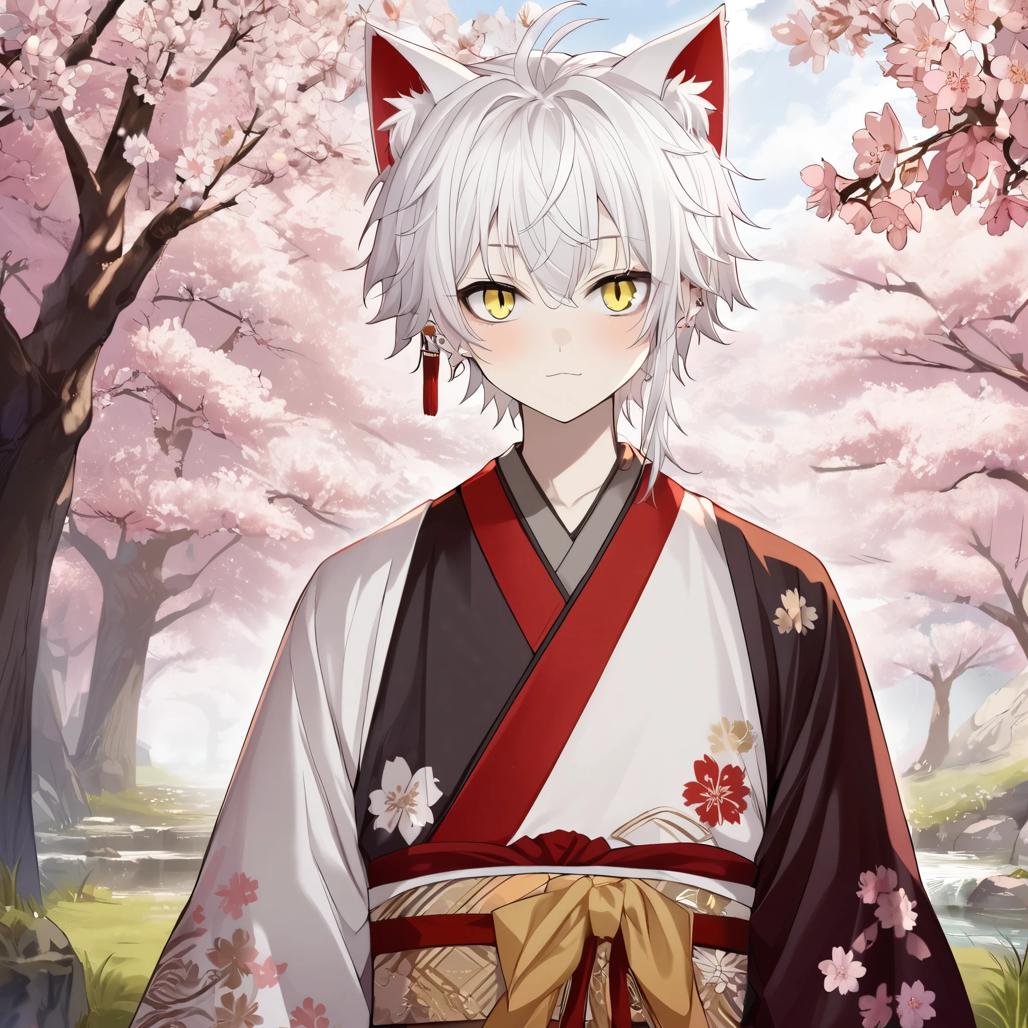 1 boy,cat_boy,18 years old,cat ears,white hair,yellow eyes,slit pupils,ahoge,messy hair,short hair,The interior of the wide white cat ears is red and has white fur,red sash earring,long hair by right ear,(((split color kimono))),((red lapel)),black left side and white right side kimono,cherry blossoms,fantasy style,cherry tree,daytime,spring,ancient japan