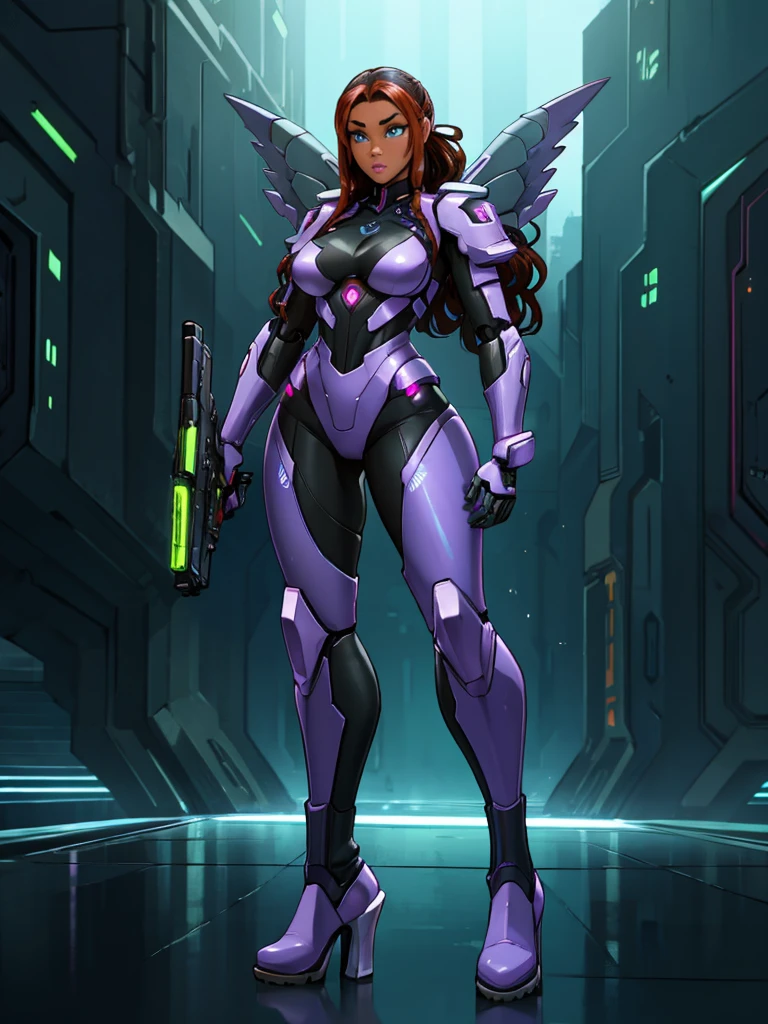 a girl wearing mecha cyber armor,technology bodysuit,smart lines in the costume, long cleavage,tech boots,tech gloves,(mechanized valkyrie girl),full body,high heels,intricate details,hyper realistic,8k,,dynamic pose,dramatic colors,complex patterns,futuristic,cyberpunk,chiaroscuro lighting,highly detailed,photorealistic,unreal engine,volumetric fog,advanced rendering, technology pistol in hands shining.