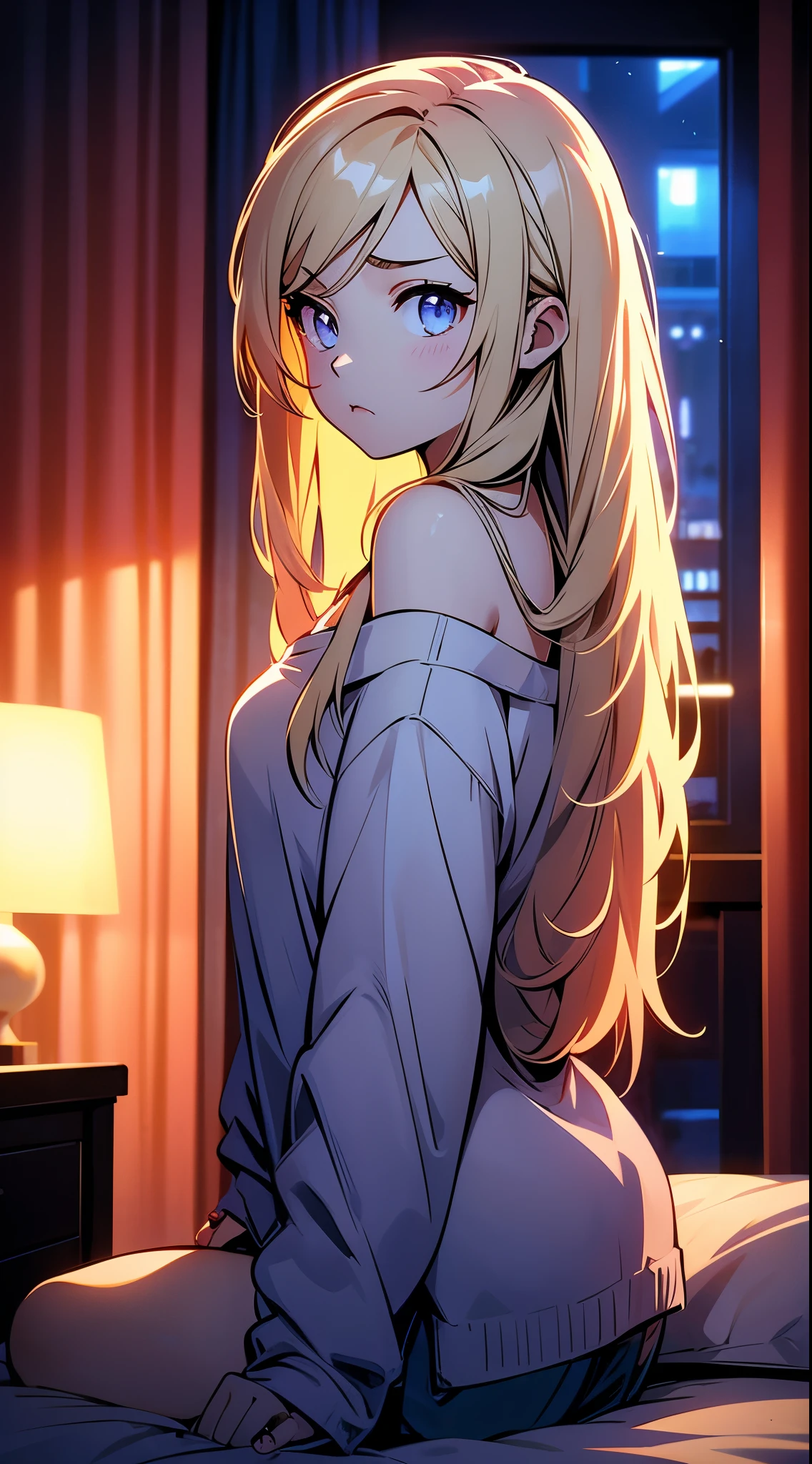 nerdy女，nerdy，Girl，Girl，Japanese anime style，nerdy女风格，Sad girl aesthetic，Long blond hair，Loose long hair，Decadent temperament，Tired expression，Indoor background，Darkened room，Lights out room，Dark room，Dark room，Dark room，Dark room，Lights out room，Lit screen，Sitting on the bed的女性，Behind the scenes，Back to camera，Back to camera，Back to camera，Turn your head to look at the camera，Sitting on the bed，White shirt，White T-shirt，Off-shoulder