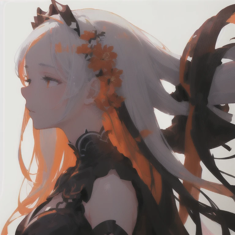 (White background:1.4),(Silhouette of a girl's head, Close eyes, multi-colored long hair, ), Bright Orange Eyes, flowers on hair,( Smart Design, Sharp lines, High sharpness,top quality, very detailed, masterpiece, lighting effects in cinema, 4K )pure White background