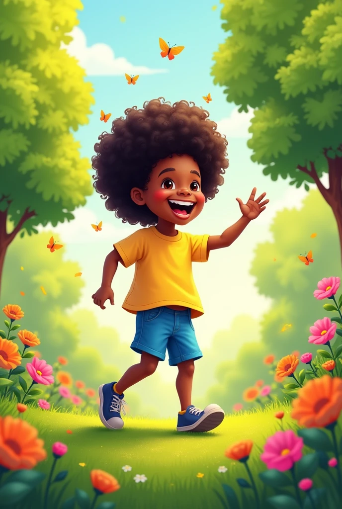 A brown boy with curly hair wearing a green shirt and denim shorts