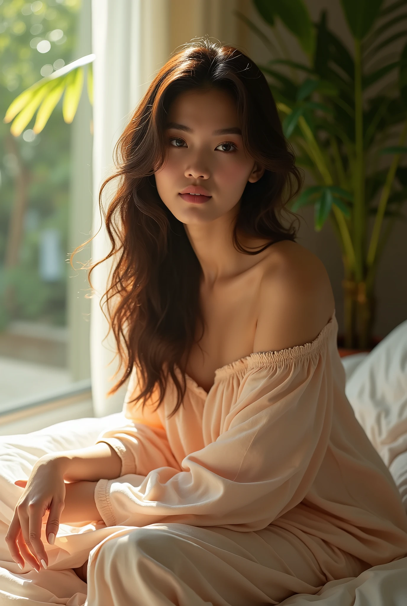 (actual photo: 1.2), beautiful vietnamese woman, sitting on the bed, wearing a loose off-shoulder top, pajamas, slightly curly long hair, indoors, soft light, green trees in the background, sunlight in the window, cozy room, comfortable pose, realistic, intricate details, warm colors, by Greg Rutkowski, by Alphonse Mucha, big breasts, hot body, sexy body, detailed skin, detailed hands, depth photo, high resolution, 8k image quality, detailed trees, detailed sunlight, detailed light direction, seductive eyes, detailed eyes, detailed eyelashes and eyebrows, 5-fingered hand, detailed fingers, detailed skin, true colors, detailed toes asian feet,