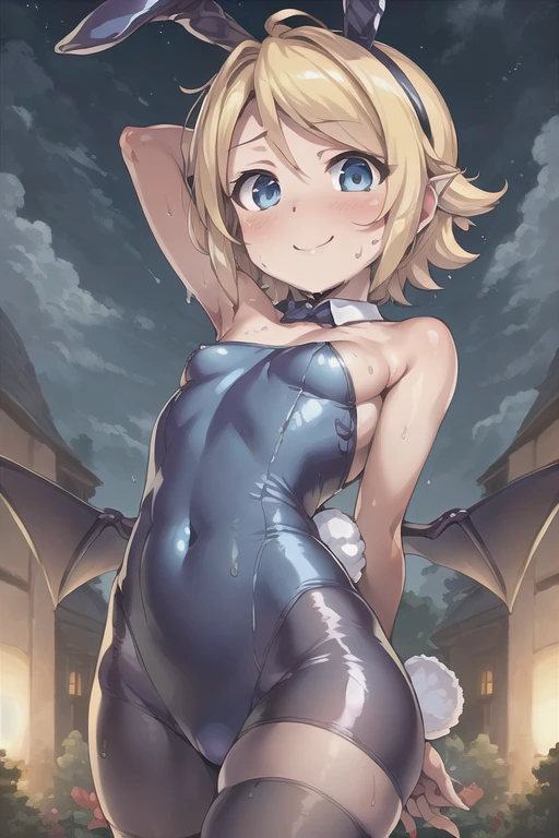 (((masterpiece))), ((Highest quality)), (Very detailed), ((High resolution)), ((8k)), ((Anatomically correct)), A very cute person, Baby Face, (Young face), (Small breasts), (Kagamine Rin), Short Hair, Blonde, Letting down your bangs, (Short), (Petite), Charming smile, Light blue eyes, Best moment, Delicate arms, Detailed skin texture, Intricate details, Very detailedな顔, Beautiful thighs, Beautiful curves, (Sweating), ((Bunny Suit)), ((With devil's wings on my back)), Looking up, Under the night's canopy, Love your audience, (heart), The whole body is visible, You're inviting your audience, The devil's tail grows,