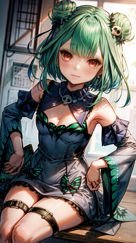 bluerushia, green hair, double bun, short hair, blue bow, hair ornament, 
full body,