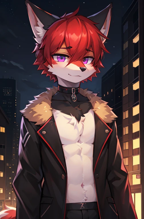 (Artist by zackary911, 8k, high quality, detailed eyes and fur, night, residents background), solo, male fox, anthro, red satured fur, red body, male body, purple eyes, black ears, red hair, short hair, hair cover eye, hands white, choker, eyeliner black, beige jacket, black shirt,