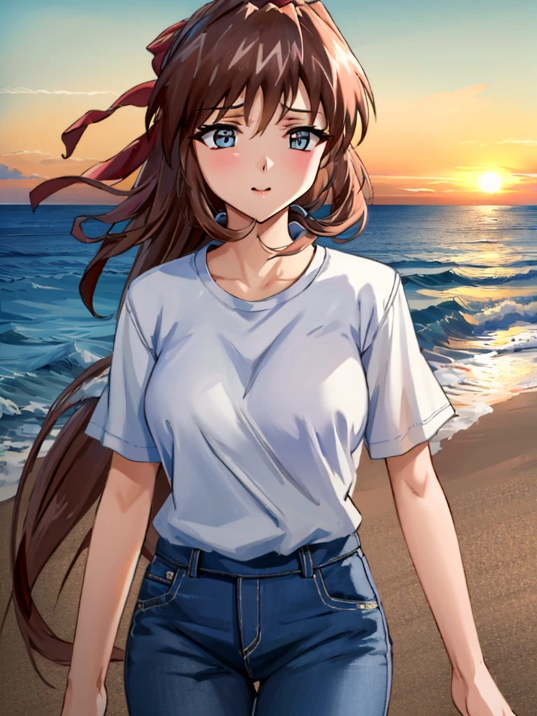Ultra-detailed, High resolution,Sandy Beach、 8k,1 personの少女, superior_ Aoi Tennis, 1 person, Hair Ribbon, White shirt、jeans、Cute clothes, evening, sunset,Mikoto walking on the beach、View from the front、Emphasis on absolute standards、Mouth closed、Cowboy Shot、Absolute reference to the center、Observe your audience、Laughter、、