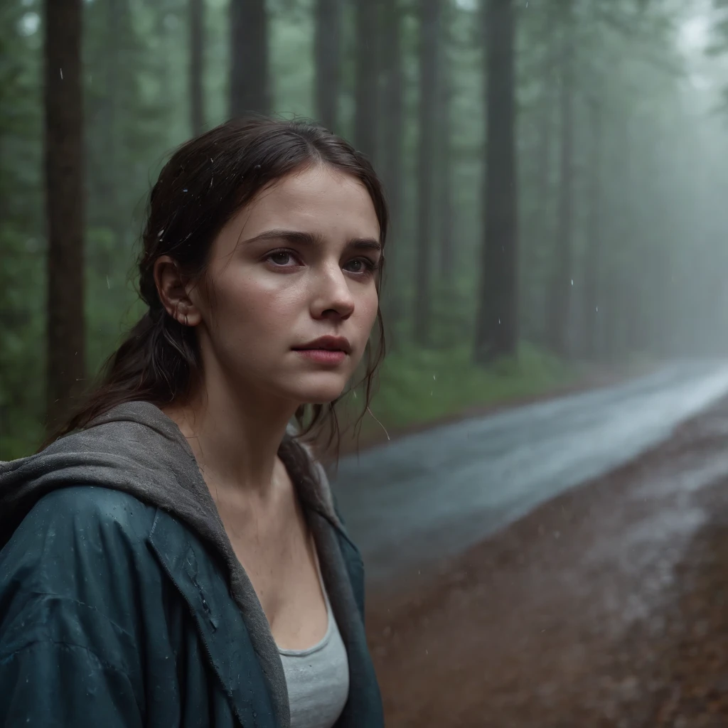 a sad young girl seen in the distance on the side of a forest road, crying alone in the pouring rain at night, detailed portrait, wet hair, tears, emotional expression, moody atmosphere, dramatic lighting, gloomy forest background, rain effects, cinematic composition, photorealistic, highly detailed, intricate details, beautiful colors, muted tones, dramatic shadows, emotional depth, masterpiece, 8k, ultra-detailed