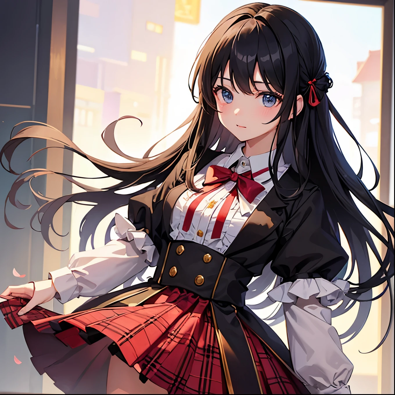 Masterpiece、Idol、uniform、Plaid、cute、whole body、Idol衣装、Black Hair、Long Hair、cute衣装、ribbon