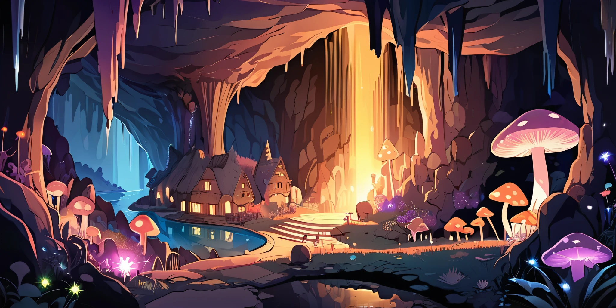 Draw a poster, village dans le style anime lofi, magical decoration, cascade of light, cave, stalagmites, Stalactites, mushroom, la nuit, beautiful taupe color palette, couleurs saturées vibrantes, Artwork, aucun humain, dark brown theme