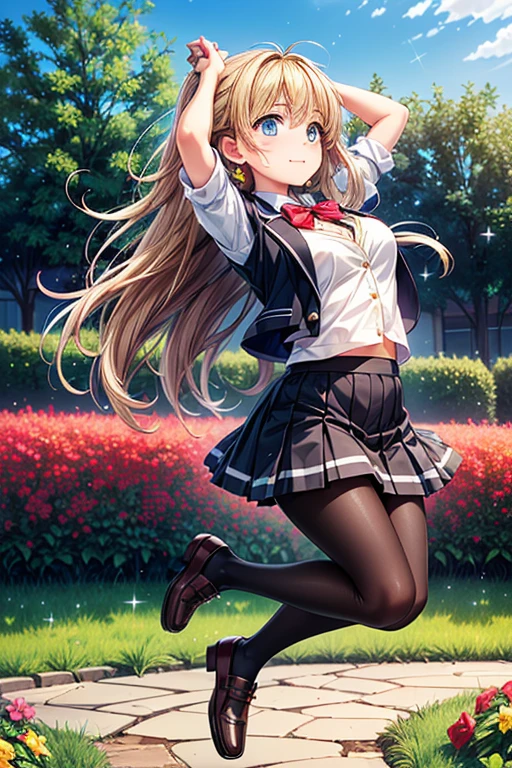 #Basic
A girl posing for a photo, (((One Girl))), (((Baby Face:1.4)) + ((cute:1.4)) + ((15 years old))),
break
#Clothing Accessories
((school uniform)) : ((Blue student blazer:1.2)) + ((Blue student vest)) + White dress shirt + ((Blue pleated skirt)) + ((Black Pantyhose:1.4)), (Brown Loafers),
(Red Gem Earrings),
break
#Features
((blonde:1.2)) + ((Bangs covering one eye + Very long side bangs)) + ((Mid-length hair : Standard length hair + Voluminous Hair + Wavy Hair + Hair blowing in the wind)),
((Droopy eyes:1.4, Big eyes:1.2), blue eyes), (Small breasts:1.2), (中立的な顔のFeatures),
break
#background environment
((noon + garden:1.4)),
#Facial Expression Pose
((Wicked Smile)), (Parkour, From the top of the building、((Jump High:1.8)), (Bend your knees in the air:1.4), (Hold your hands and raise them behind your head:1.4)),
#composition
((looking away:1.4, Side angle:1.2)),
break
#Body parts elements
(Slim figure),
(Symmetrical facial features),
(Detailed Hair, Beautiful Hair, Shiny Hair),
(double eyelid, Long eyelashes, Thin eyebrows:0.5, Thin eyebrows:0.5),
(Expression of fine eyes, Beautiful and delicate eyes, Sparkling eyes, Eye Reflexes, Glitter Eyeliner),
(Human Ear),
(Beautiful Nose, Thin Nose),
(Glossy Lips, Beautiful Lips, Thick lips),
(Detailed skin, Textured skin, Beautiful Skin, Oily skin),
break
#quality
(((最高quality)), ((masterpiece:1.3)), ((Very detailed))), ((Ultra-high resolution)), ((16K)), ((1080P)), ((Full HD)),
((Anatomically correct)), ((Realistic)), (3DCG), ((Oil painting)),
((comics, anime)), (CG illustration), (RAW Photos),