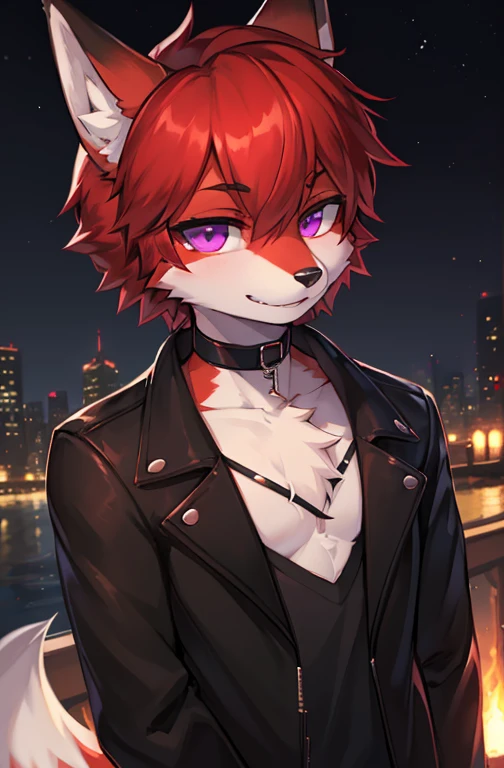 (Artist by zackary911, 8k, high quality, detailed eyes and fur, night, residents background), solo, male fox, anthro, red satured fur, red body, male body, purple eyes, black ears, red hair, short hair, hair cover eye, hands white, choker, eyeliner black, beige jacket, black shirt,