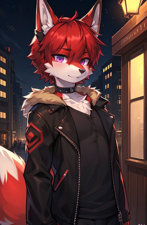 (Artist by zackary911, 8k, high quality, detailed eyes and fur, night, residents background), solo, male fox, anthro, red satured fur, red body, male body, purple eyes, black ears, red hair, short hair, hair cover eye, hands white, choker, eyeliner black, beige jacket, black shirt,