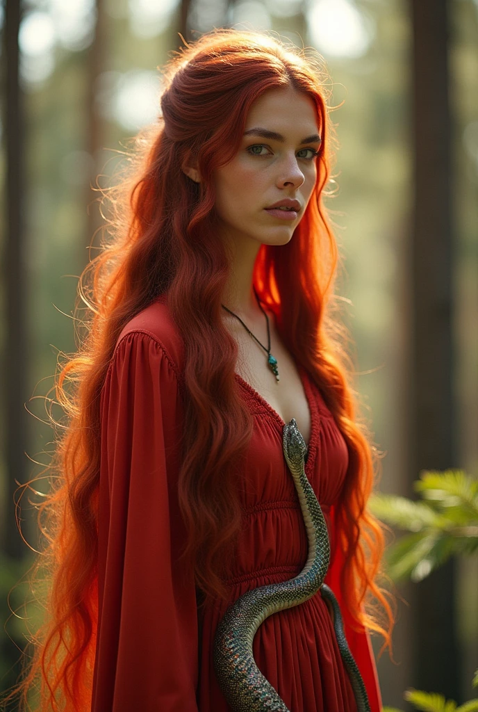 Red-haired snake woman,in red peasant clothes,Unripe,white,beiges,background with pine trees