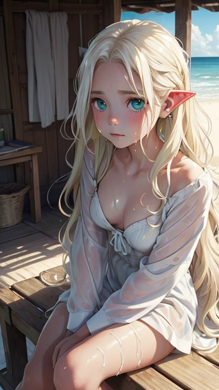 (Browsing Caution), (masterpiece, Highest quality), ((Shabby clothes)), (((Sitting with knees hugged and looking up at me))), (((Cute baby face, cute 8-year-old))), (Long pointed ears: 1.3), (Inside a shack on the beach), alone, Perfect body, (Anatomically correct, Toned and slim body, Lovely breasts), Dirty limbs, Very detailed, (A perfectly symmetrical and beautiful face), Beautiful green eyes, double eyelid, Thin eyebrows, Natural Cheeks, (Sweaty, Wet white skin), ((Elegant long wavy platinum blonde hair)), (A lonely look), View of the Sea Market