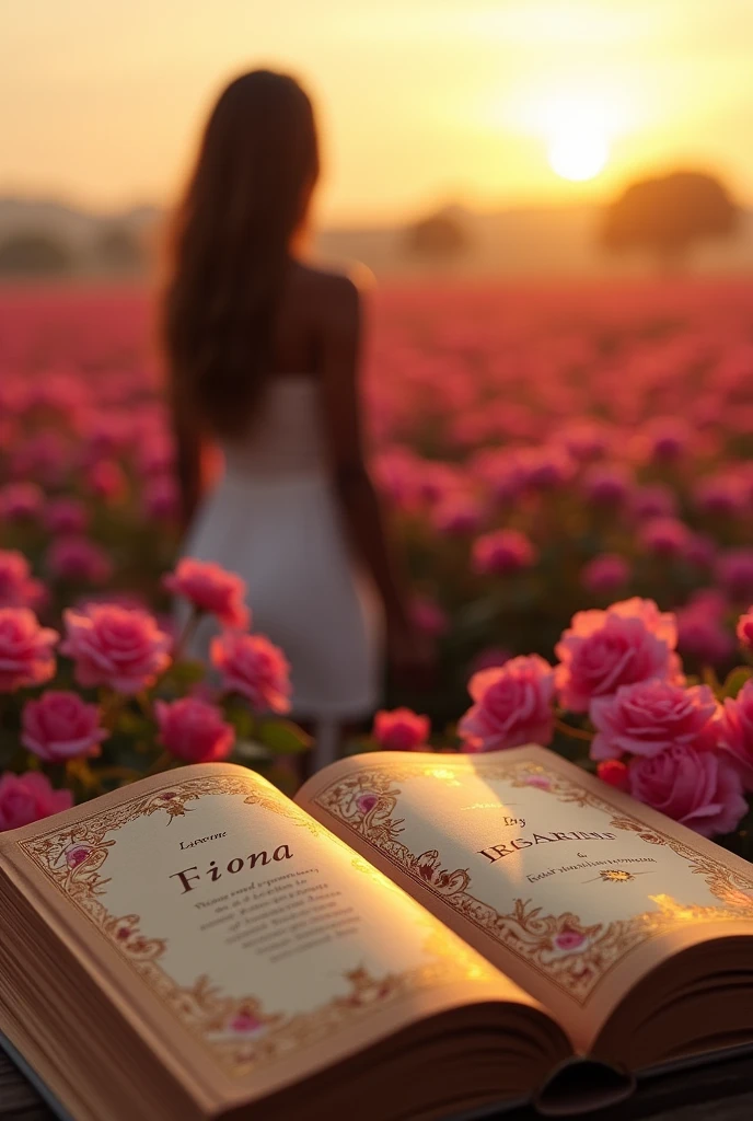 A book titled fiona with a chocolate woman facing the horizon showing me her back..the girl should be in a wide rose field and the book should be closed