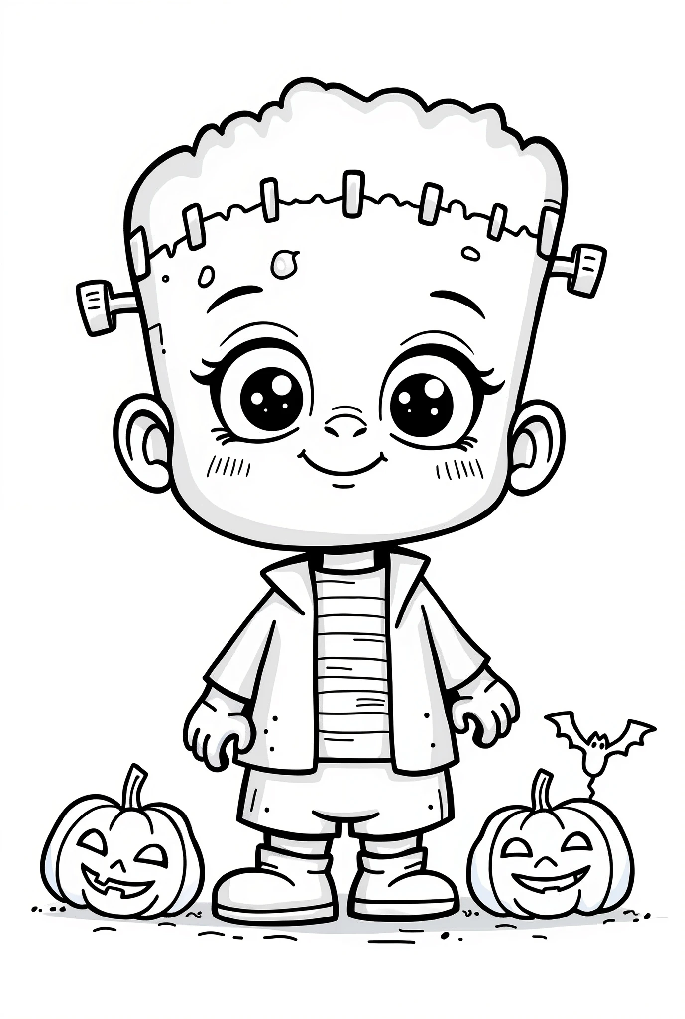 Cute and kawaii halloween frankenstein's monster with bolts in his neck coloring Page, simple for ddlers,bold and easy, black bold lines White background, for a coloring book black and white, líne art, only outlines but the design is simple and bold, no greyscale