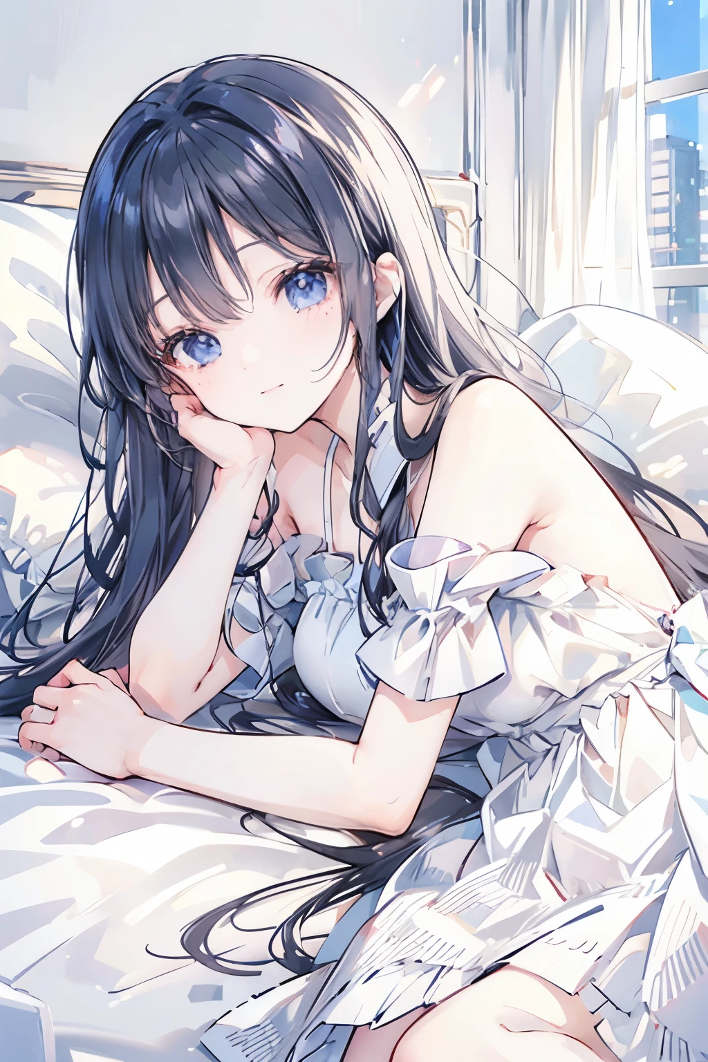 (masterpiece:1.4), (highest quality:1.4),Cute beautiful girl、Cute beautiful eyes、 (Perfect Face)、very cute、(((A see-through dress with white edges)))、lie down